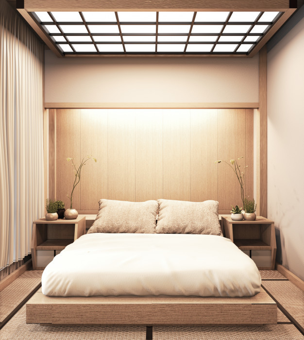 Modern Japanese Bedroom
 Interior luxury modern japanese style bedroom mock up