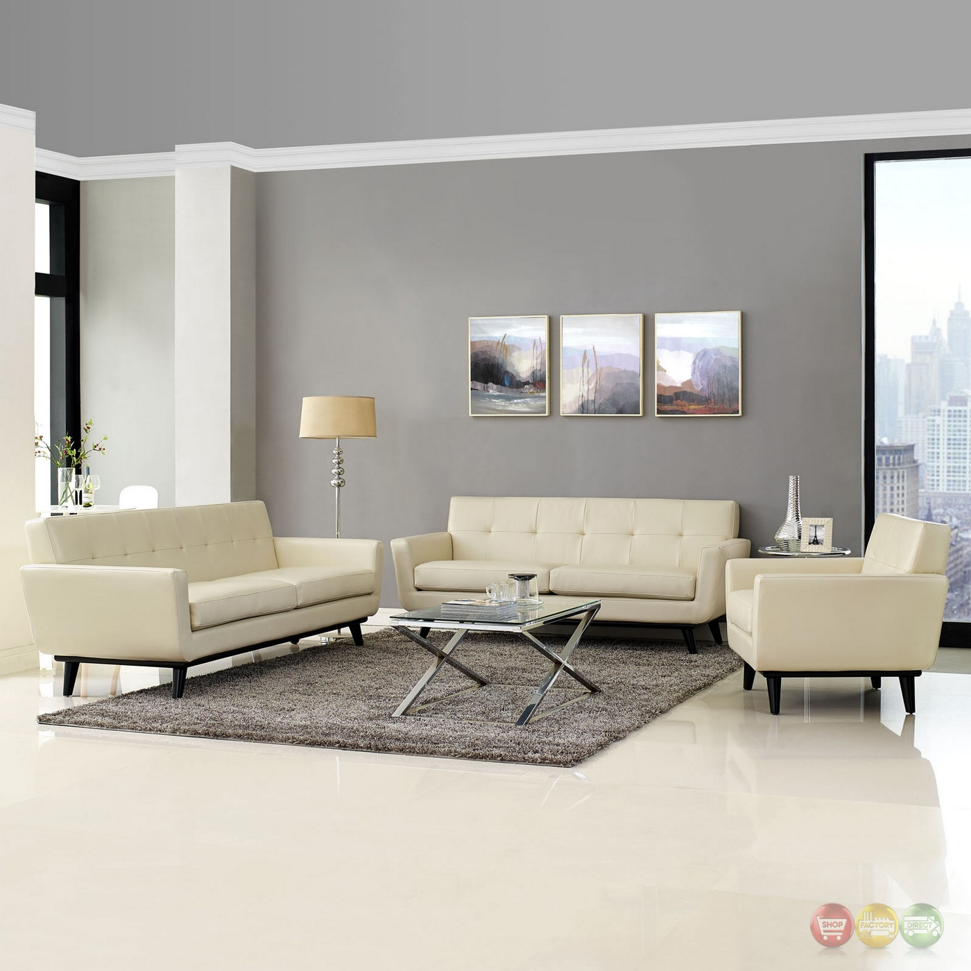 Modern Leather Living Room Set
 Engage Contemporary 3pc Button tufted Leather Living Room