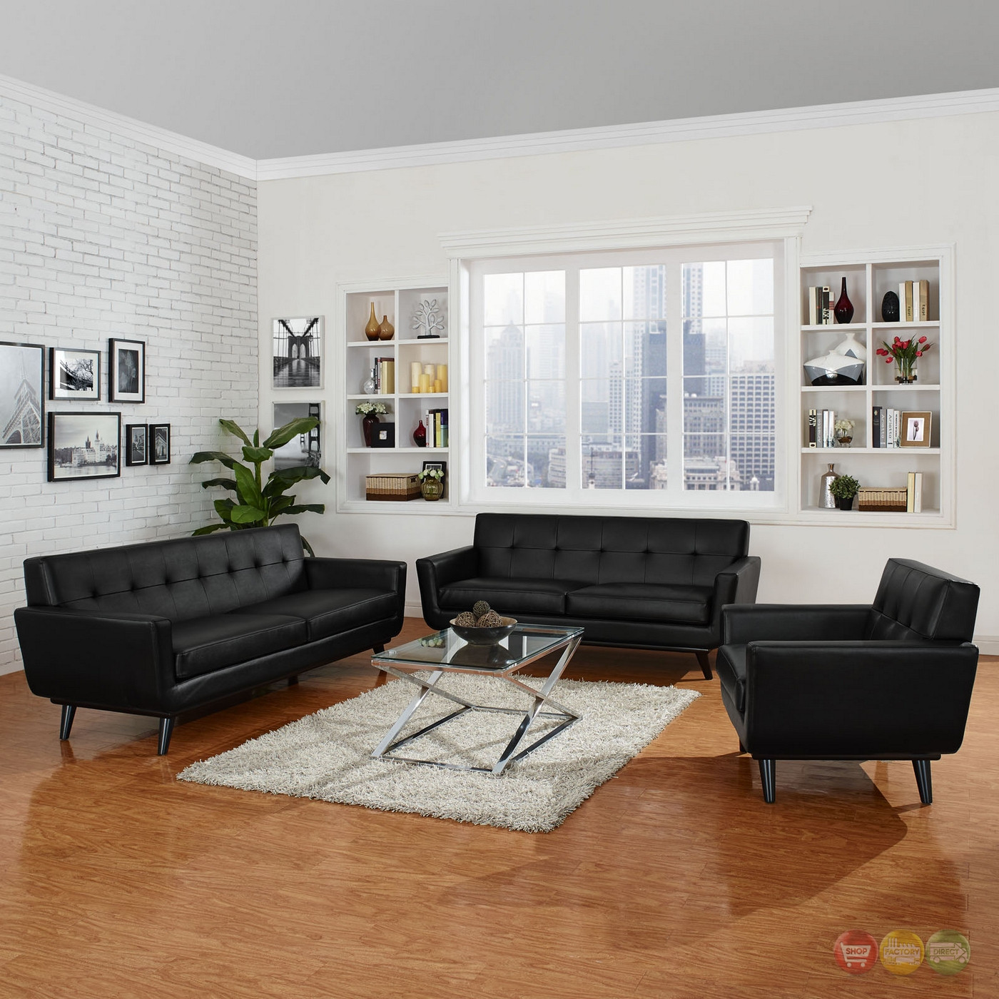Modern Leather Living Room Set
 Mid Century Modern Engage 3pc Button Tufted Leather Living