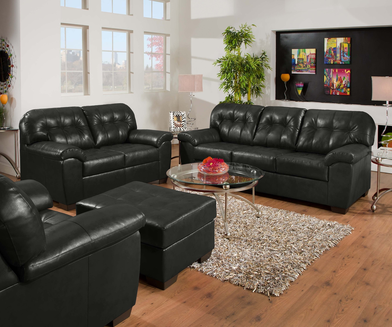 Modern Leather Living Room Set
 Soho yx Black Contemporary Tufted Bonded Leather Living