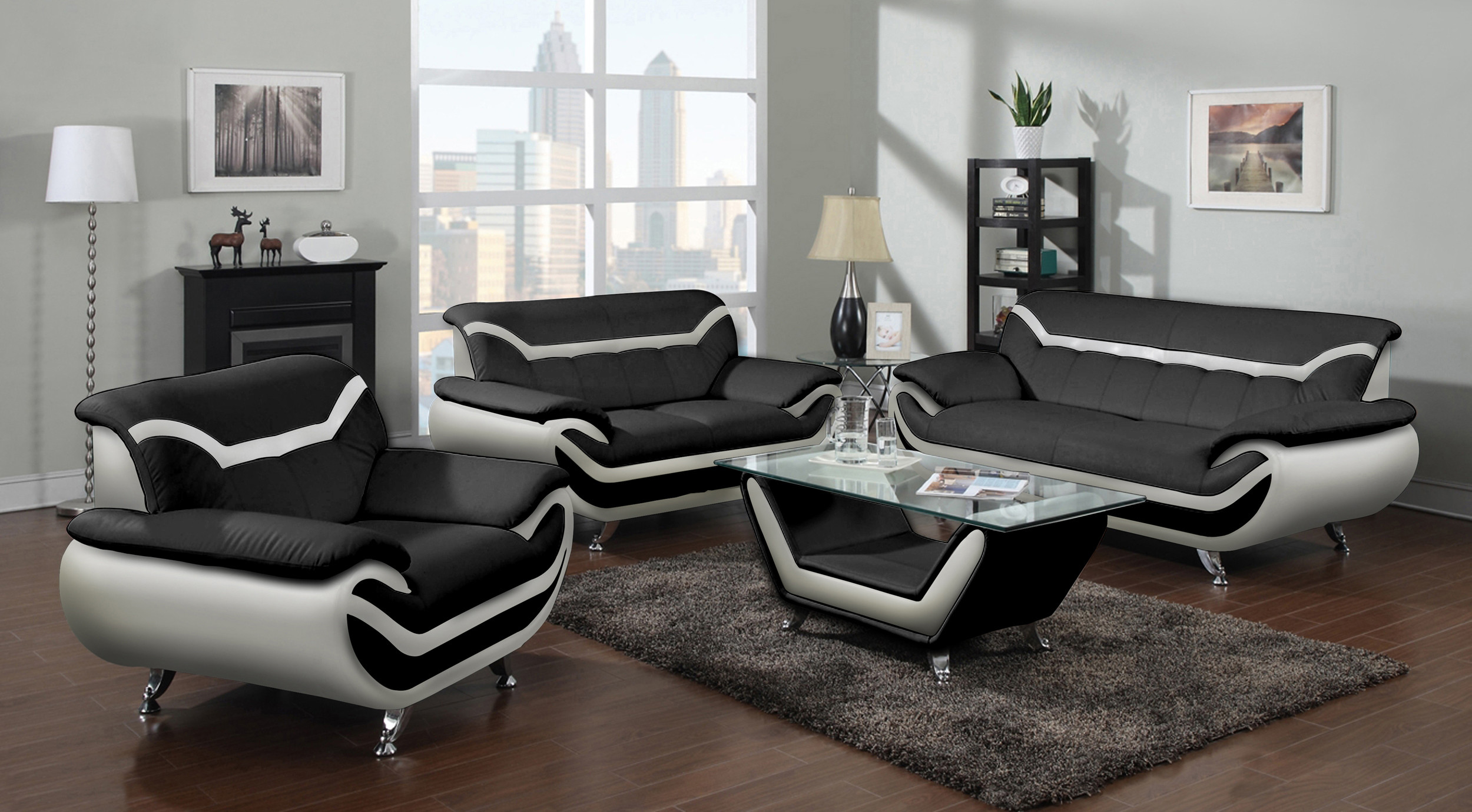 Modern Leather Living Room Set
 715L Black and White Leather Contemporary Living Room Set