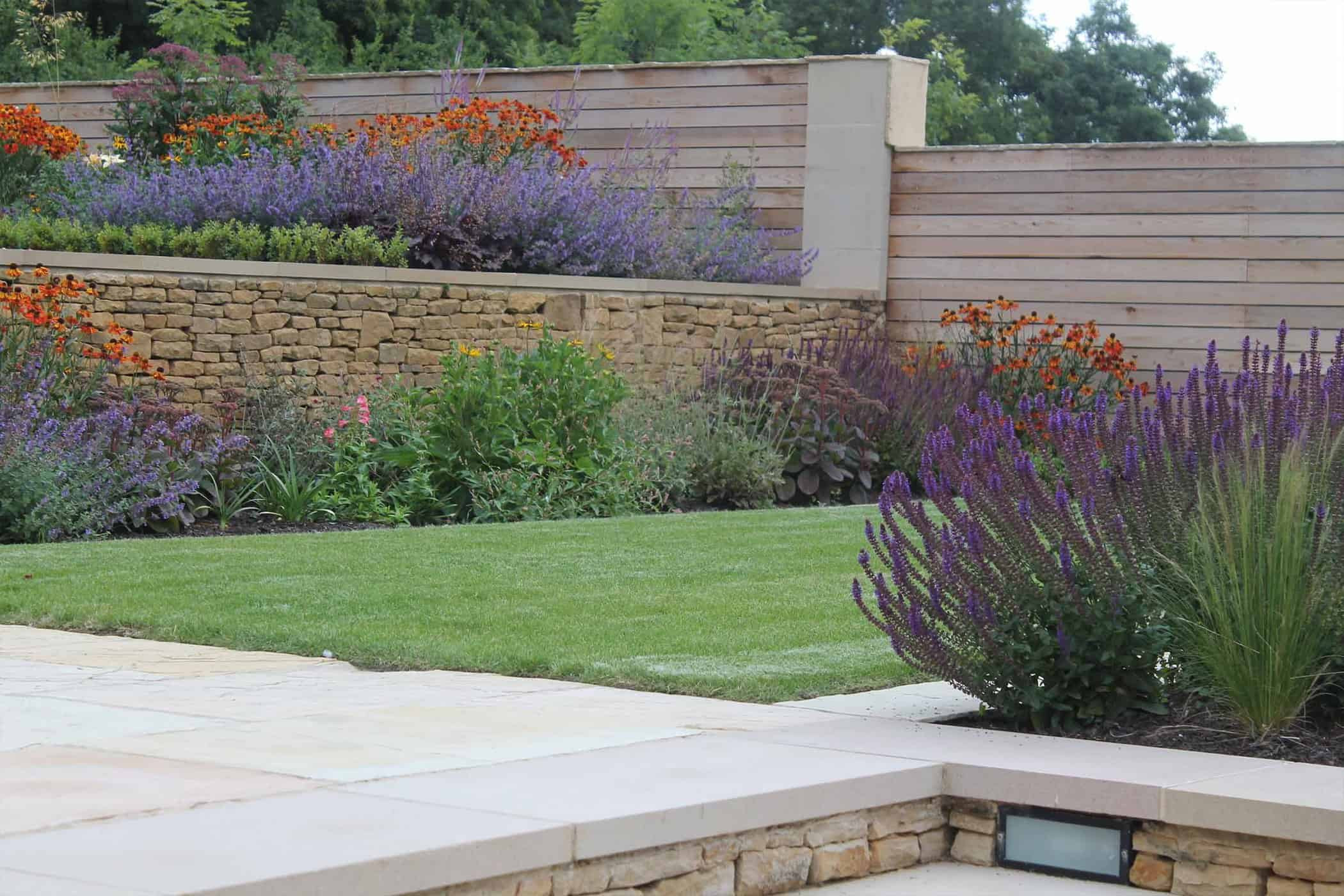 Modern Terrace Landscape
 Modern terraced garden with level lawns and colourful planting