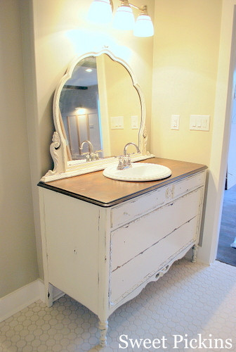 Old Dresser Bathroom Vanity
 Antique Dresser turned Bathroom Vanity – and bathroom