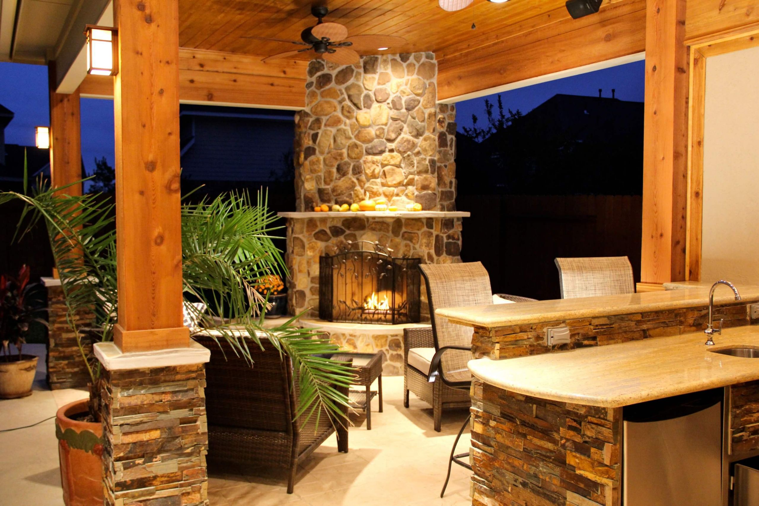 Outdoor Kitchen Fireplace
 Patio Cover with Fireplace and Kitchen in Firethorne