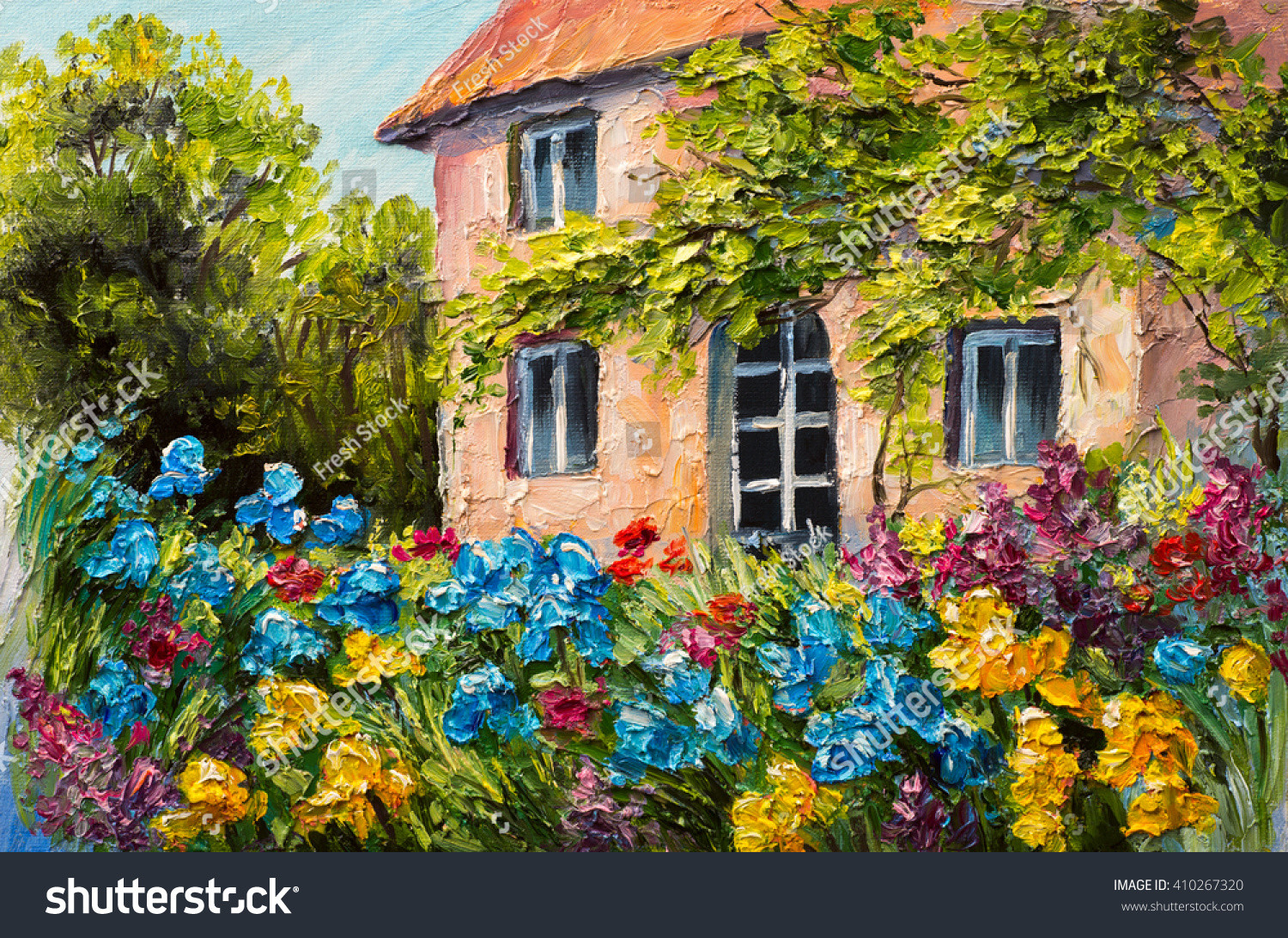 Outdoor Landscape Painting
 Oil Painting Landscape House Flower Garden Stock