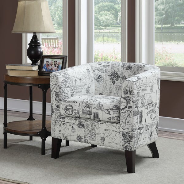 Printed Living Room Chairs
 White Barrel Back Accent Chair with Printed Script Fabric