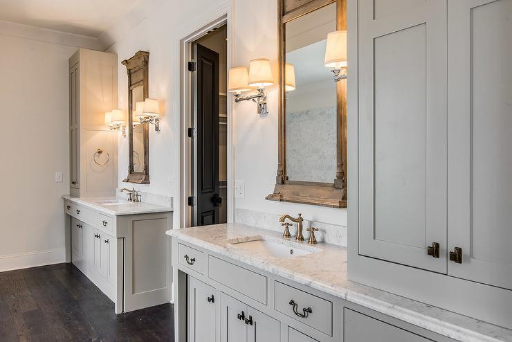 Restoration Hardware Bathroom Mirrors
 Gray Cottage Bathroom with Neoclassical Window Mirrors and