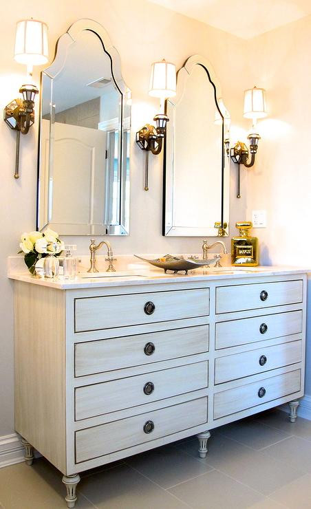 Restoration Hardware Bathroom Mirrors
 Antiqued White Dual Vanity with Arched Mirrors