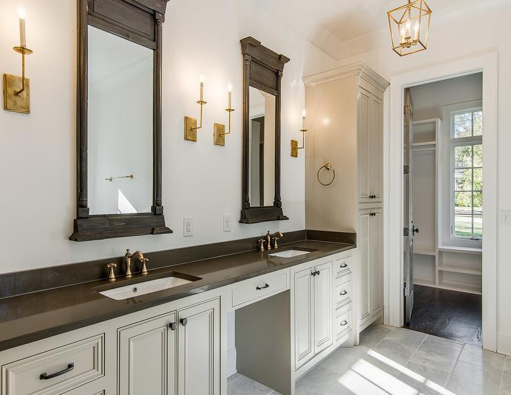 Restoration Hardware Bathroom Mirrors
 Gray and Gold Bathroom with Restoration Hardware Trumeau