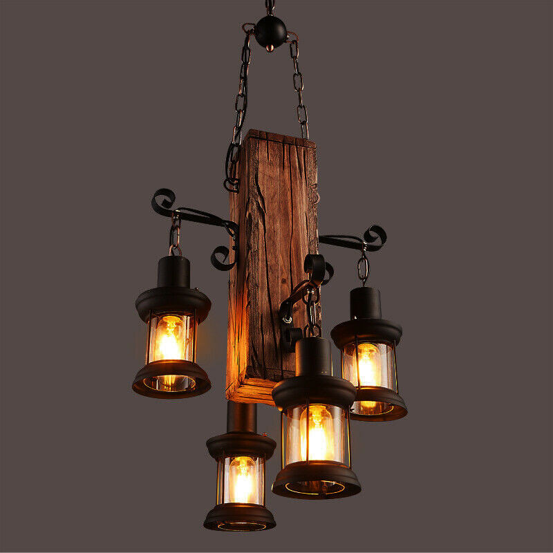 Rustic Living Room Ceiling Lighting
 4 Heads Wood Chandelier Iron Ceiling Lamp Industrial
