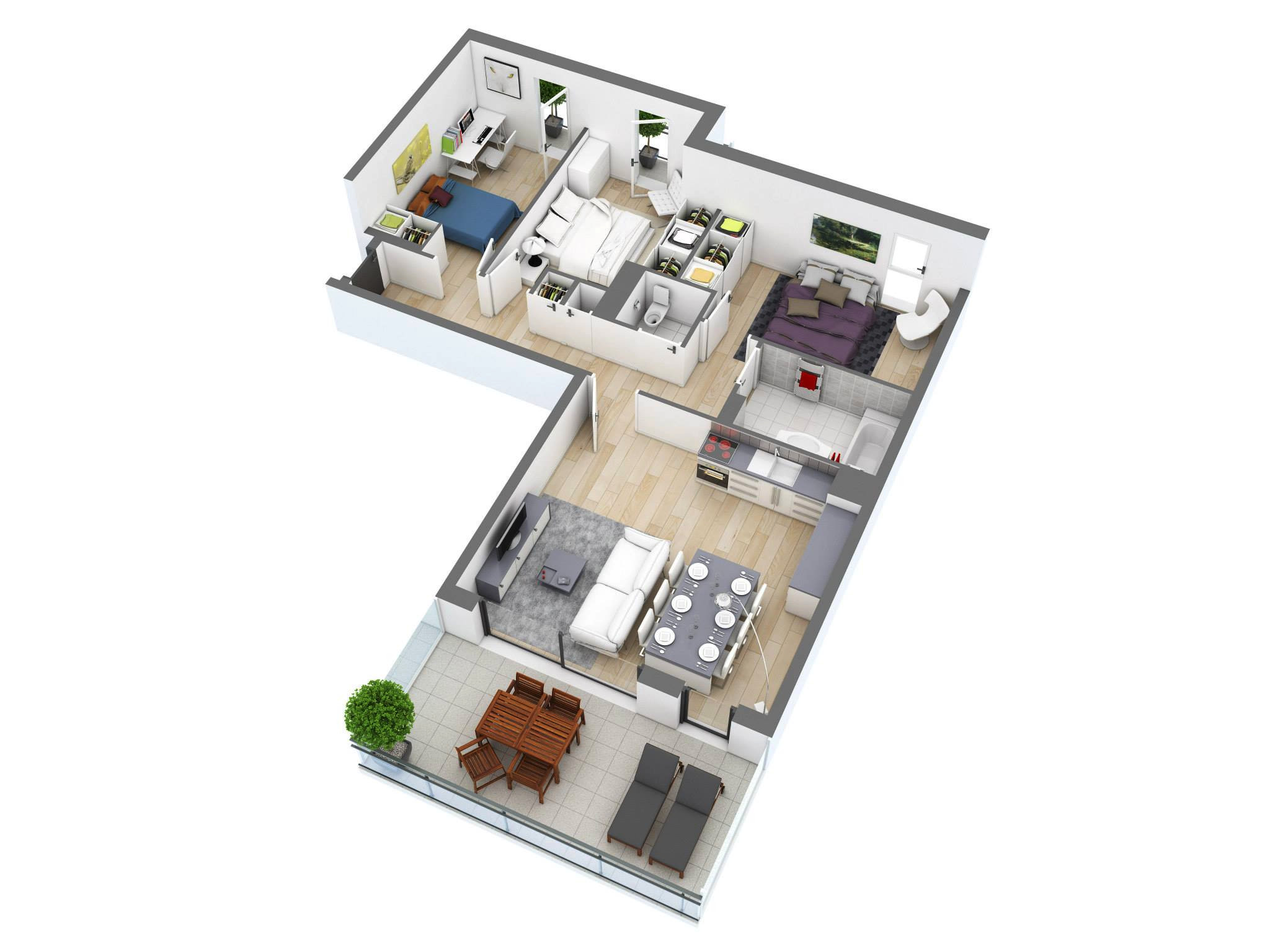 Small Three Bedroom House Plan
 25 More 3 Bedroom 3D Floor Plans