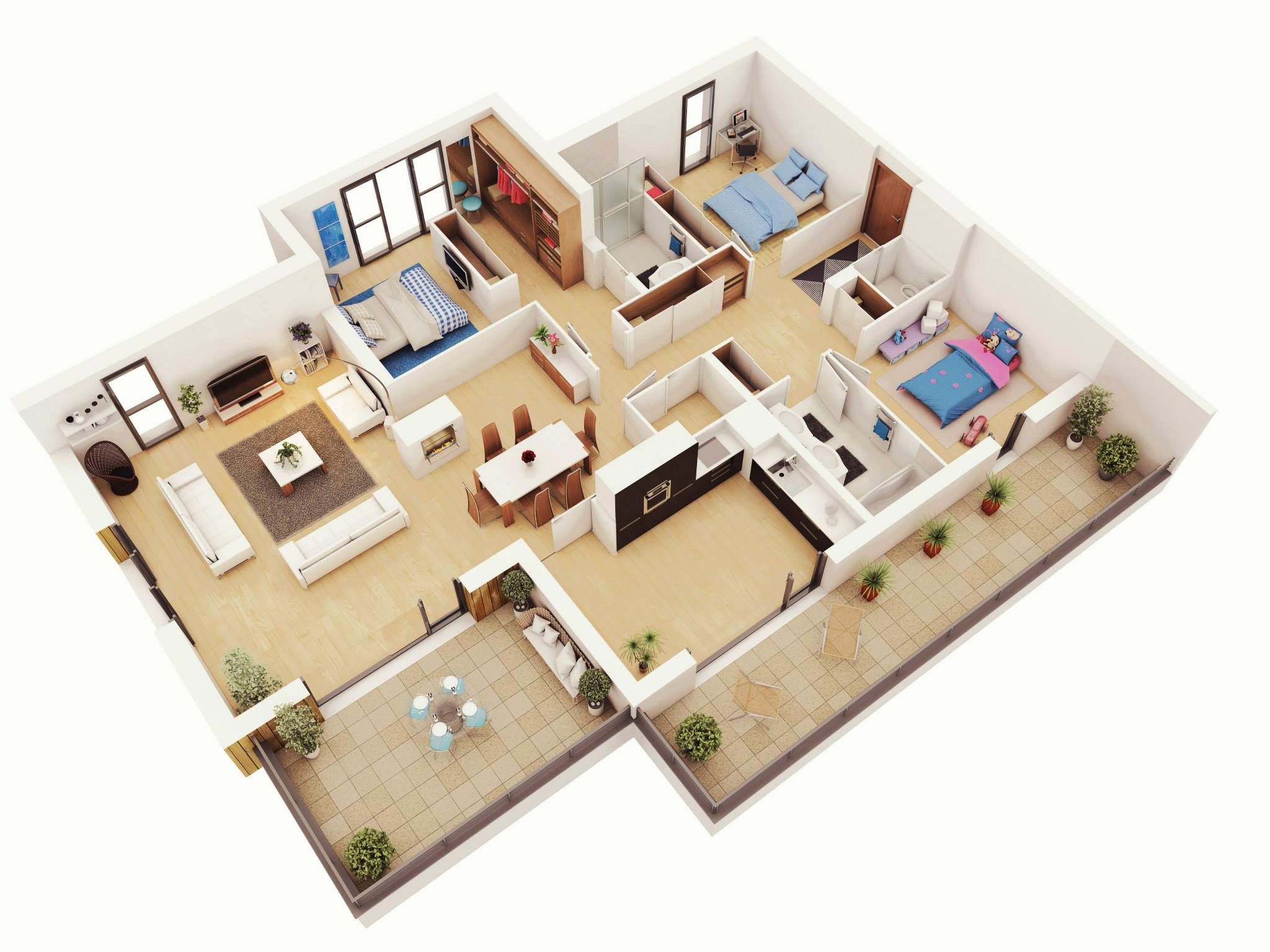 Small Three Bedroom House Plan
 25 More 3 Bedroom 3D Floor Plans