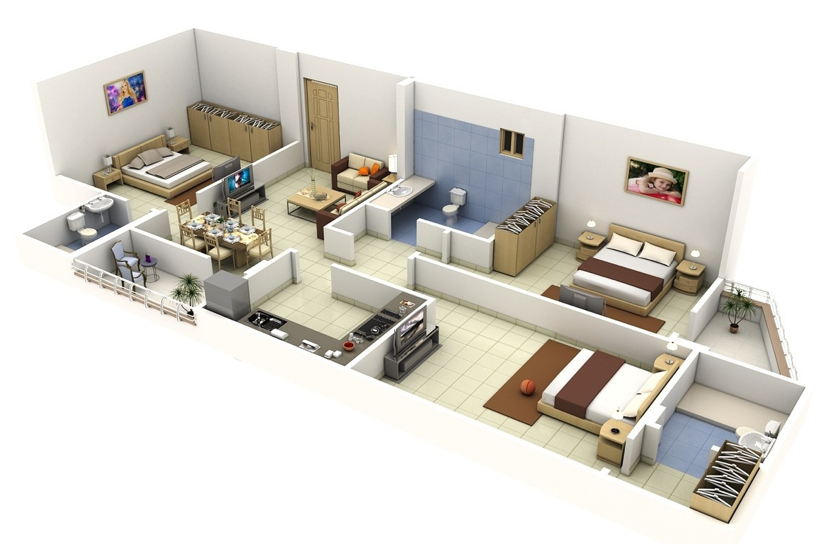 Small Three Bedroom House Plan
 50 Three “3” Bedroom Apartment House Plans