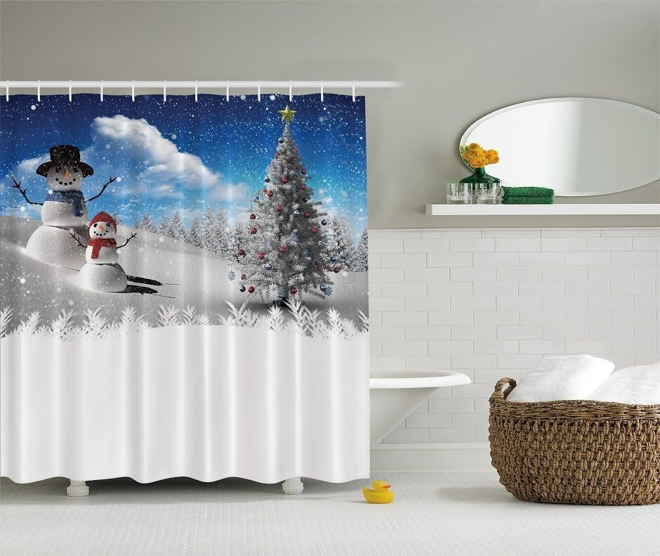 Snowman Bathroom Decor
 Snowman Shower Curtain Christmas Tree Blue White Holiday