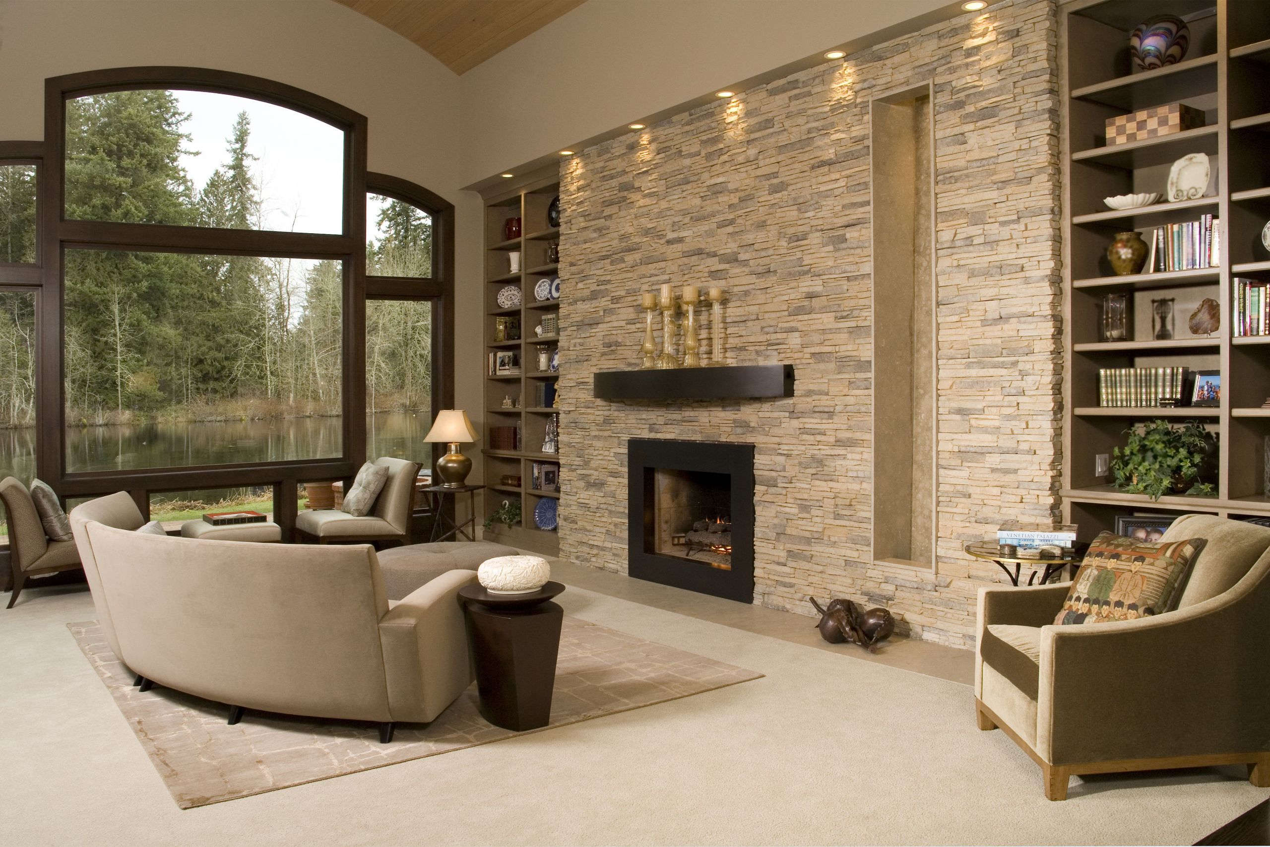 Stone Accent Wall Living Room
 Contemporary living room with stacked stone accent wall