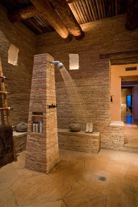 Stone Bathroom Showers
 Stone and Wood Bathroom Design with Open Shower Stone