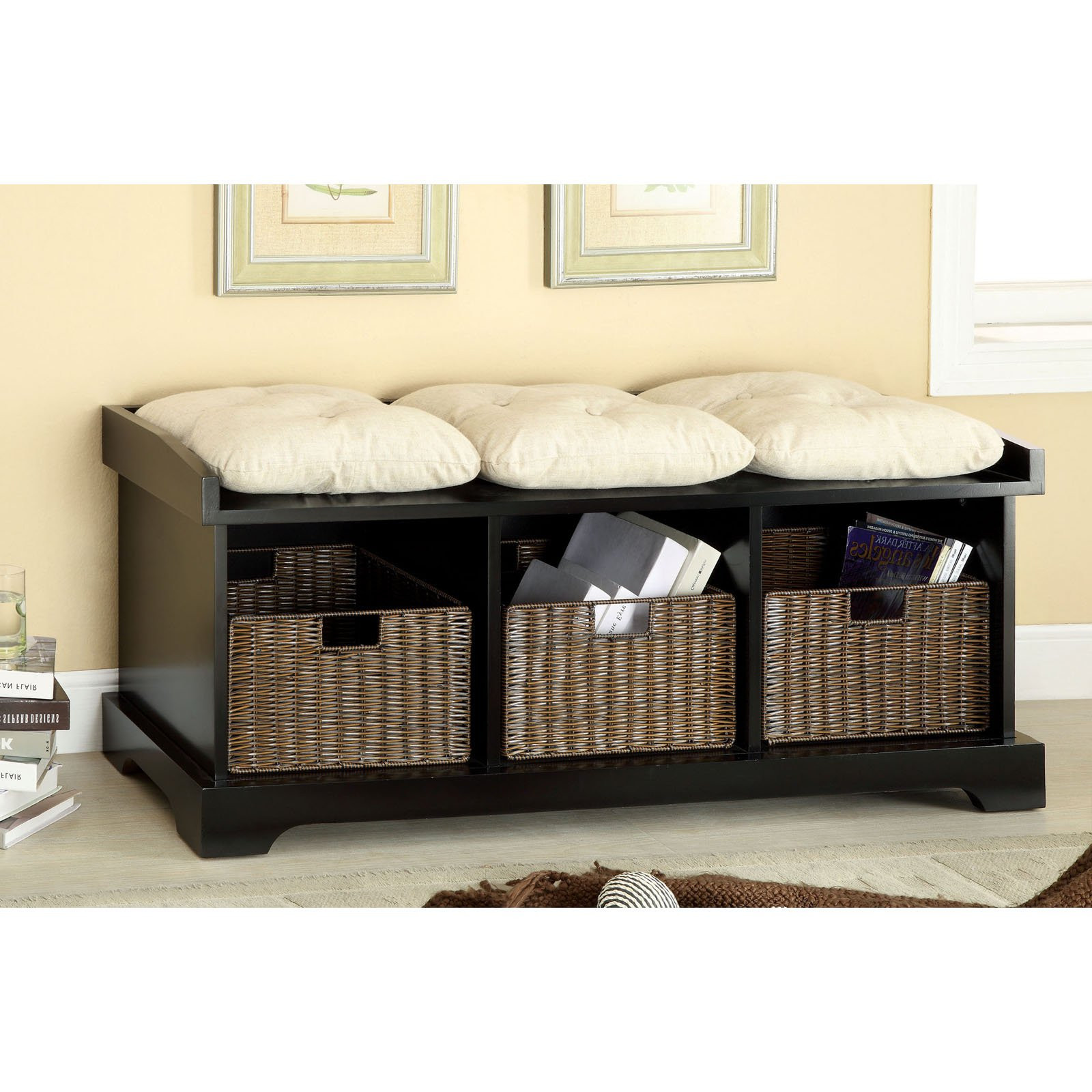 Storage Bench With Baskets
 Furniture of America Palton Storage Bench with Faux Rattan