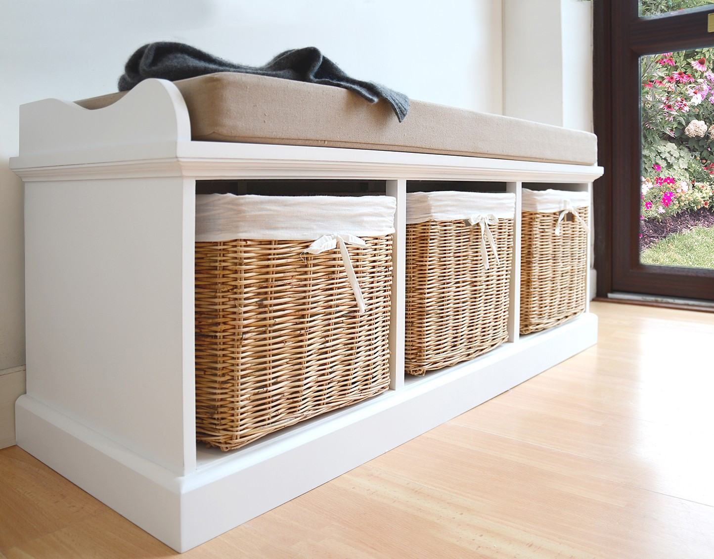 Storage Bench With Baskets
 Tetbury Bench with Cushion and Storage Baskets