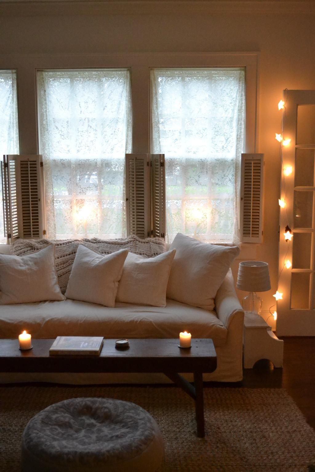 String Lights Living Room
 Cottage Fix blog living room with whites and bright