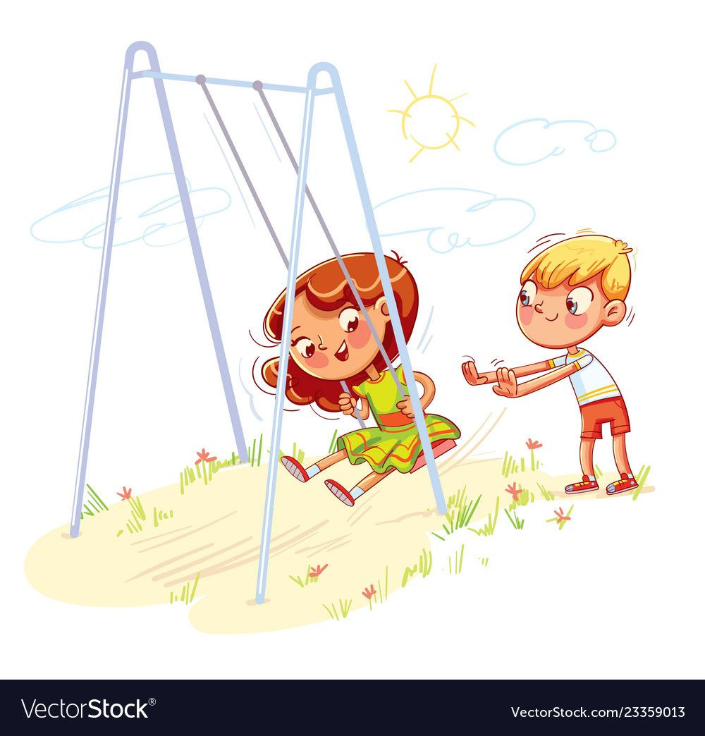 Swing Kids Character
 Boy shakes the girl on a swing at the playground vector