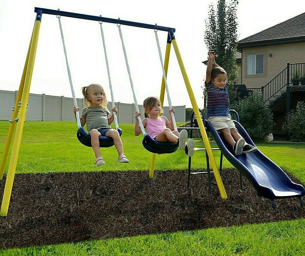 Swing Set Kids
 Swing Set Playground Metal Outdoor Play Slide Kids