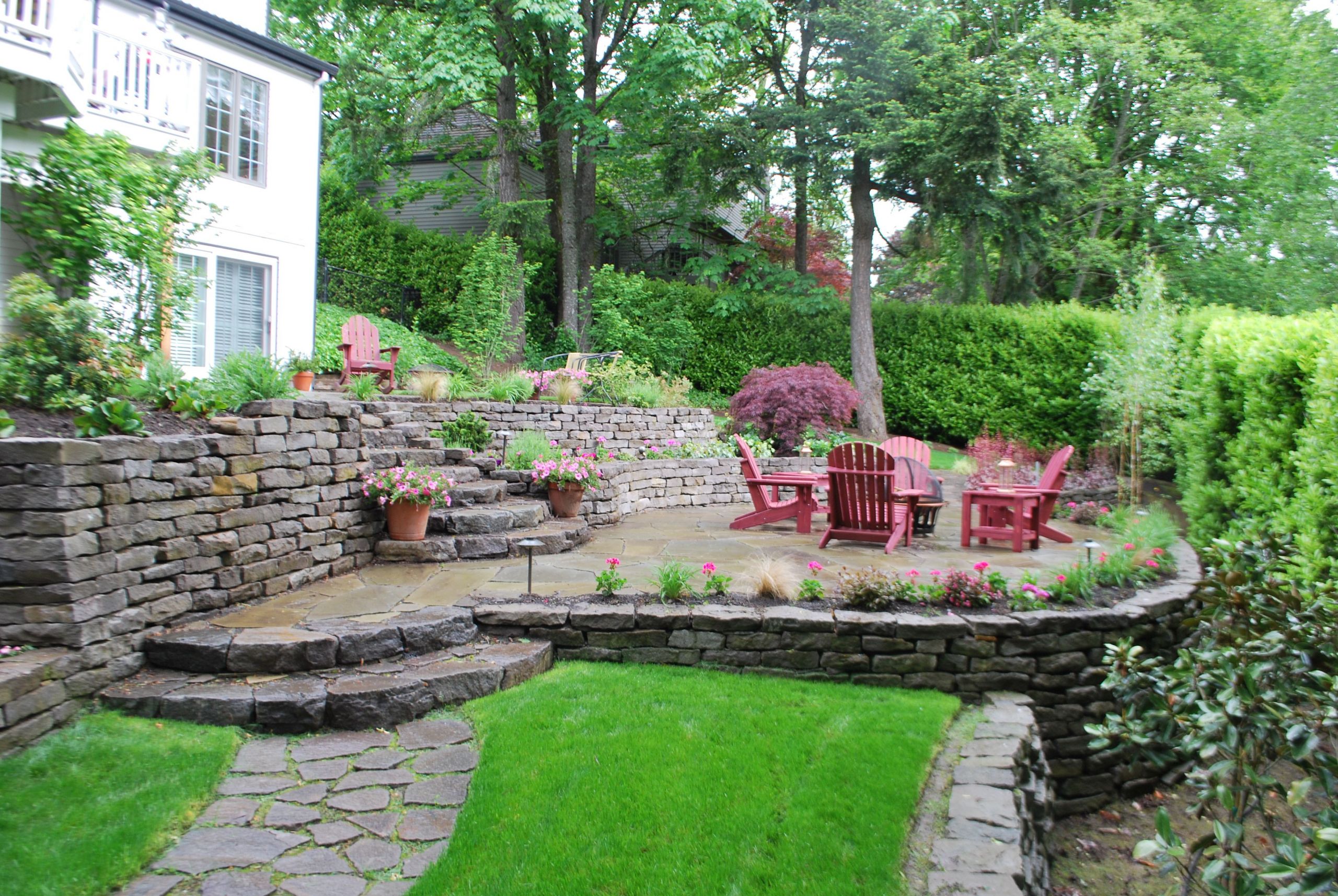 Terrace Landscape Sloped Yard
 Tiered patio design sloping away from home with