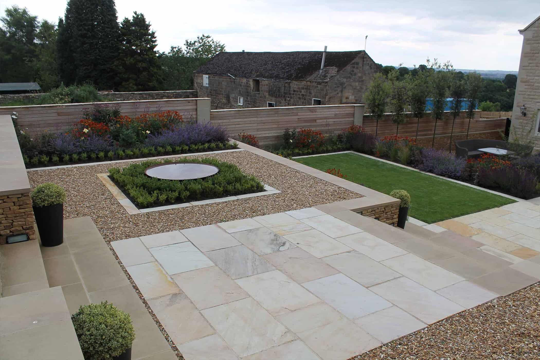 Terrace Landscape Stone
 Modern terraced garden with level lawns and colourful planting