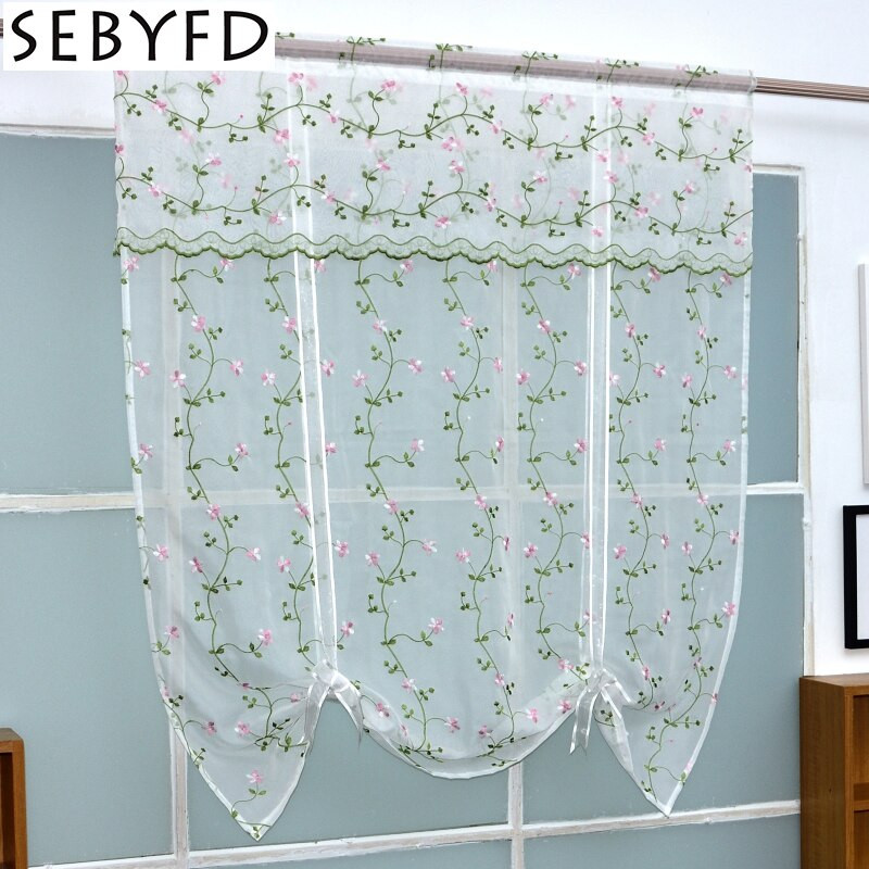 Tie Up Kitchen Curtains
 Modern Tie Up Embroidered Short Curtain Valance Sheer