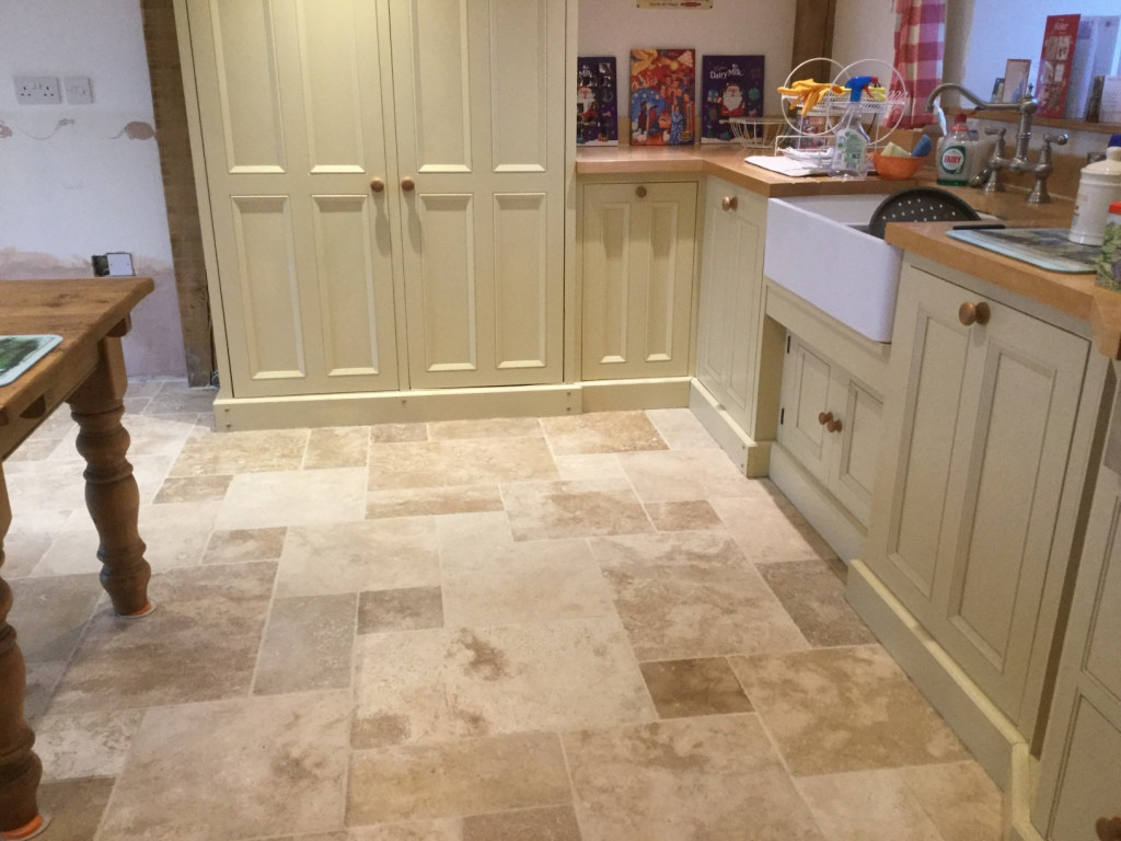 Travertine Kitchen Tiles
 Badly Stained and Pitted Travertine Tiled Kitchen Floor