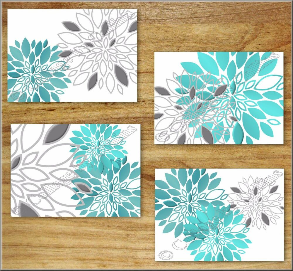 Turquoise Bathroom Wall Decor
 Teal Turquoise Gray Wall Art Prints Decor Floral Flower