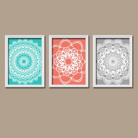 Turquoise Bathroom Wall Decor
 Turquoise Coral Gray Wall Art CANVAS or Prints Flower by