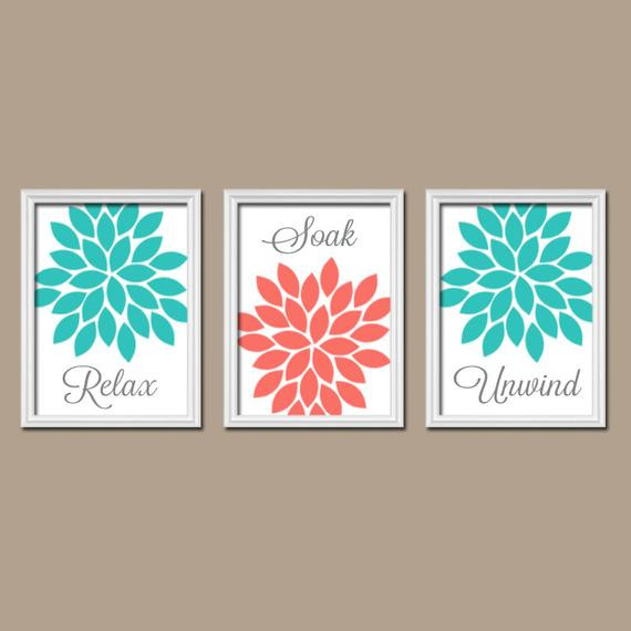 Turquoise Bathroom Wall Decor
 Coral Turquoise BATHROOM Wall Art CANVAS or Prints Bathroom