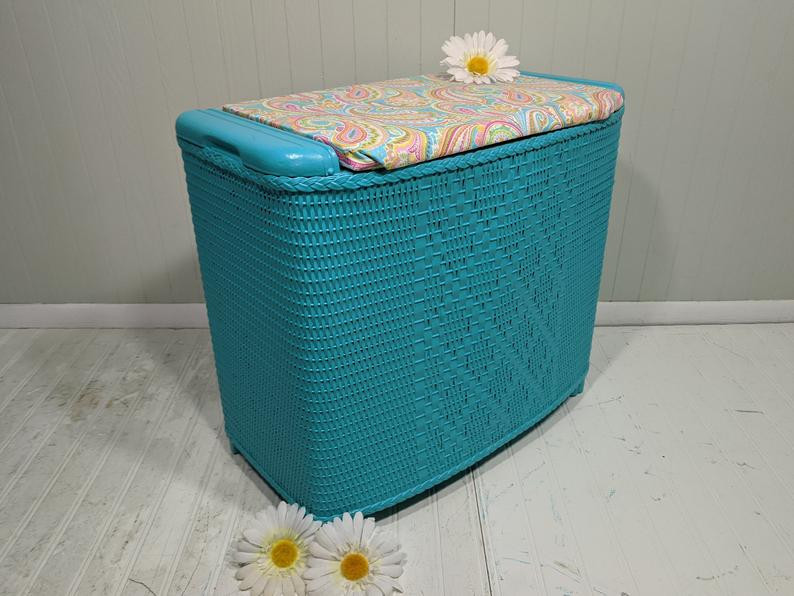 Turquoise Bench With Storage
 Turquoise Wicker Hamper Bench Wooden Storage Bin Seascape