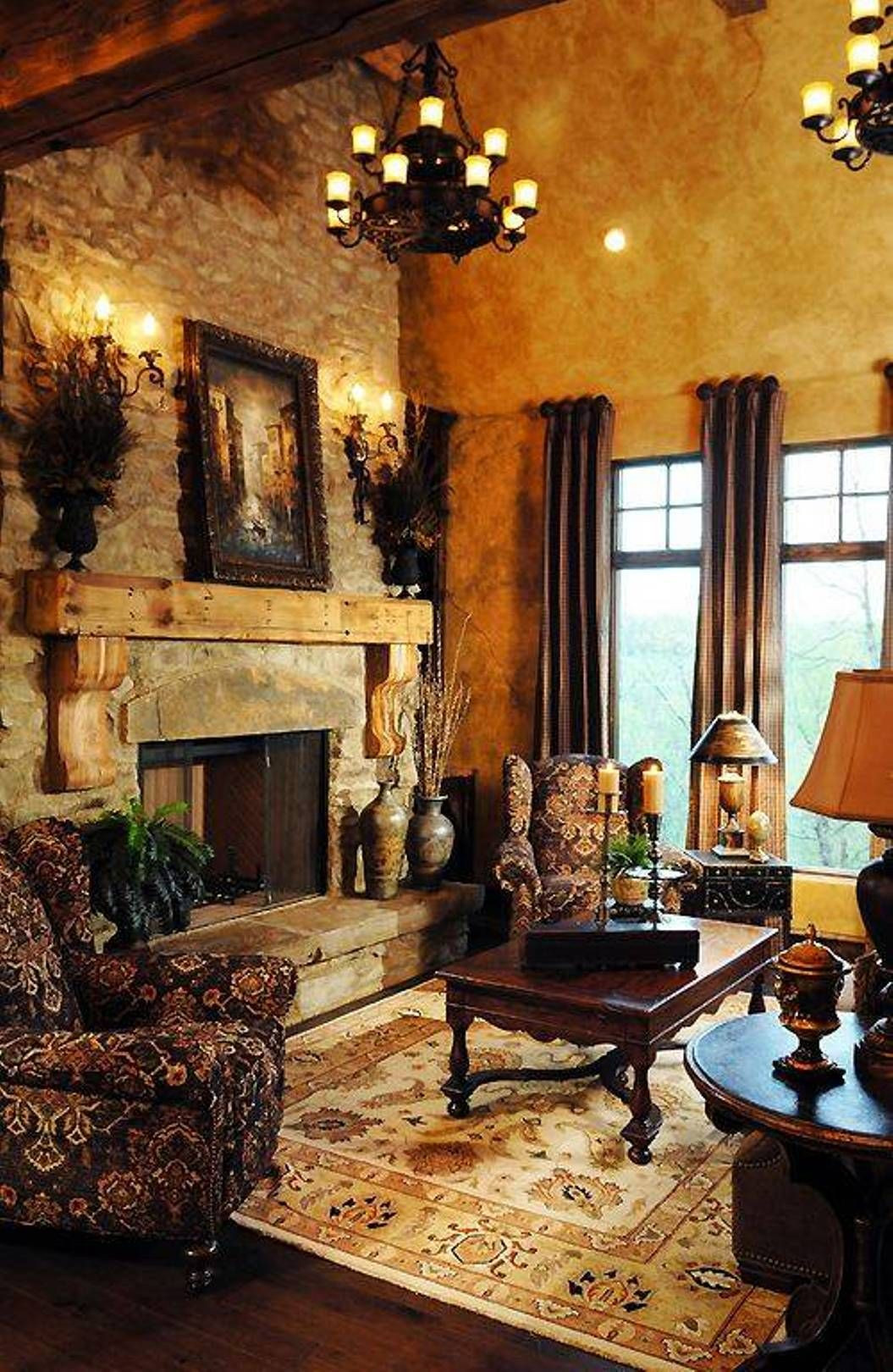 Tuscan Living Room Ideas
 tuscan living room with wingback side chairs and fireplace