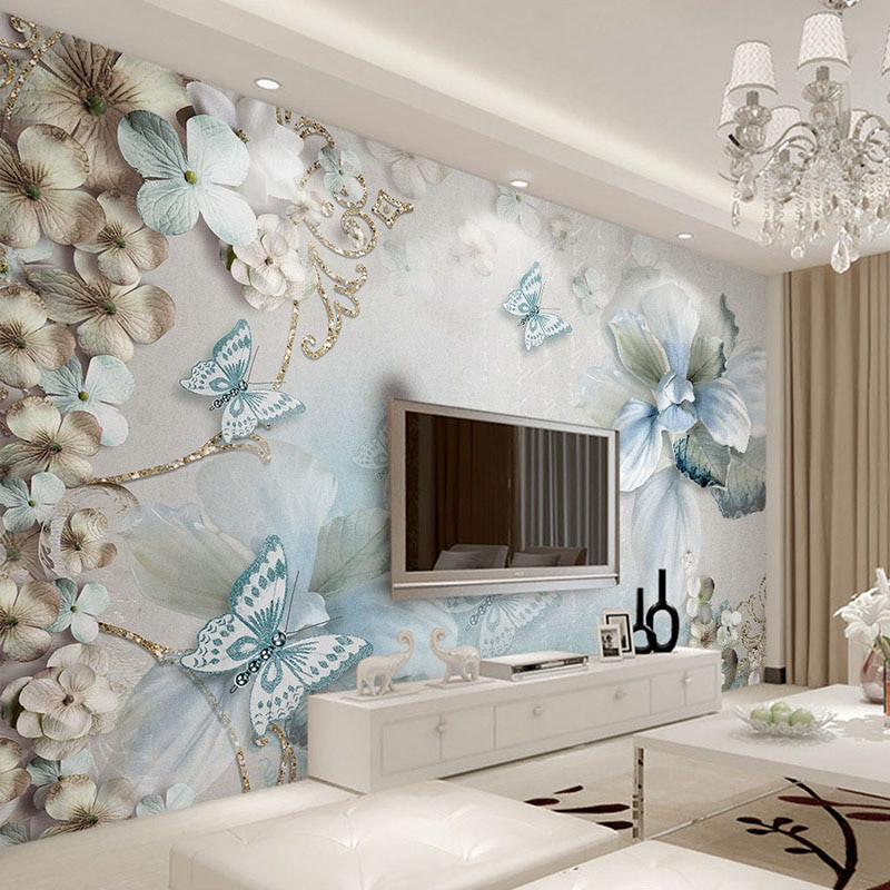 Wall Murals For Living Room
 Custom Wallpaper Murals 3D Mediterranean Blue Flower