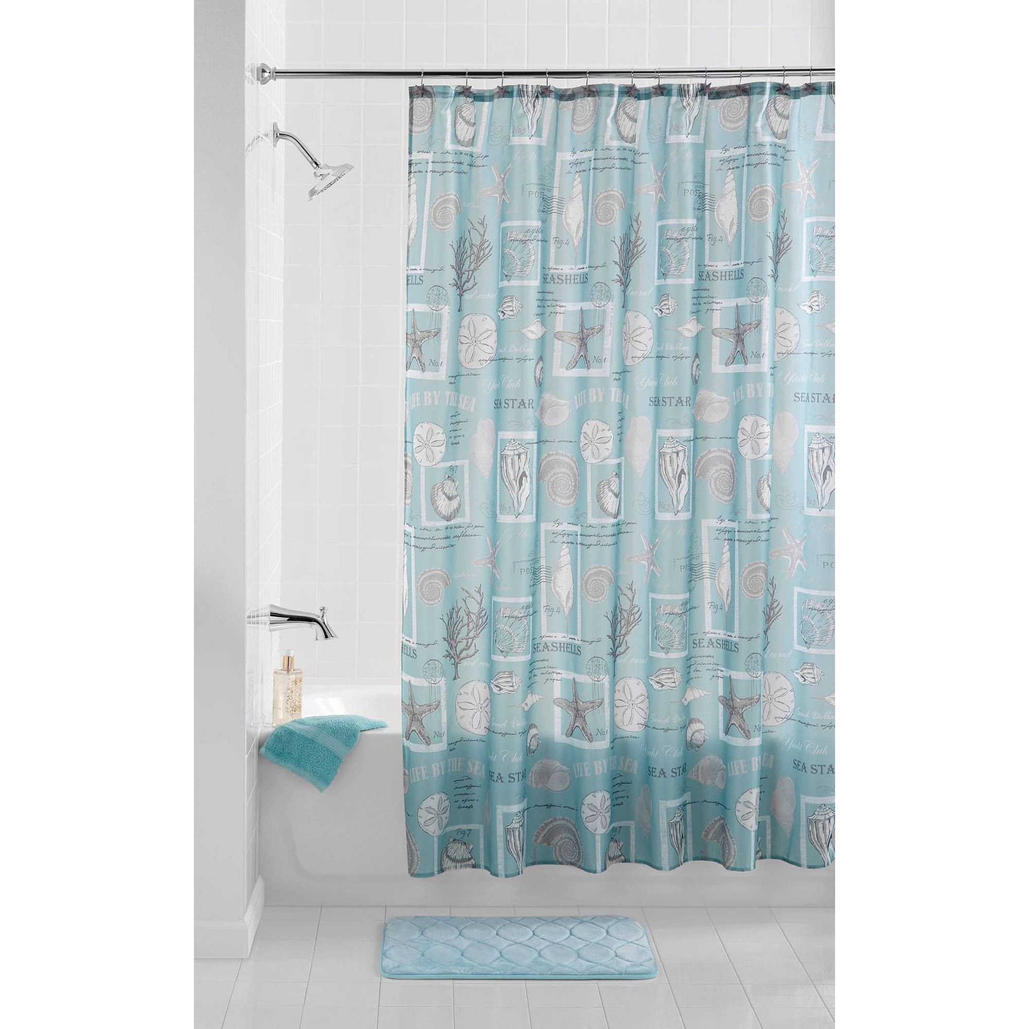 Walmart Bathroom Shower Curtain Sets
 Mainstays Coastal Aqua Shower Curtain Set with Shower