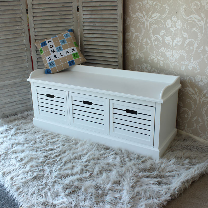 White Bench With Storage
 Storage Bench Three Drawers white bedroom hallway shoes