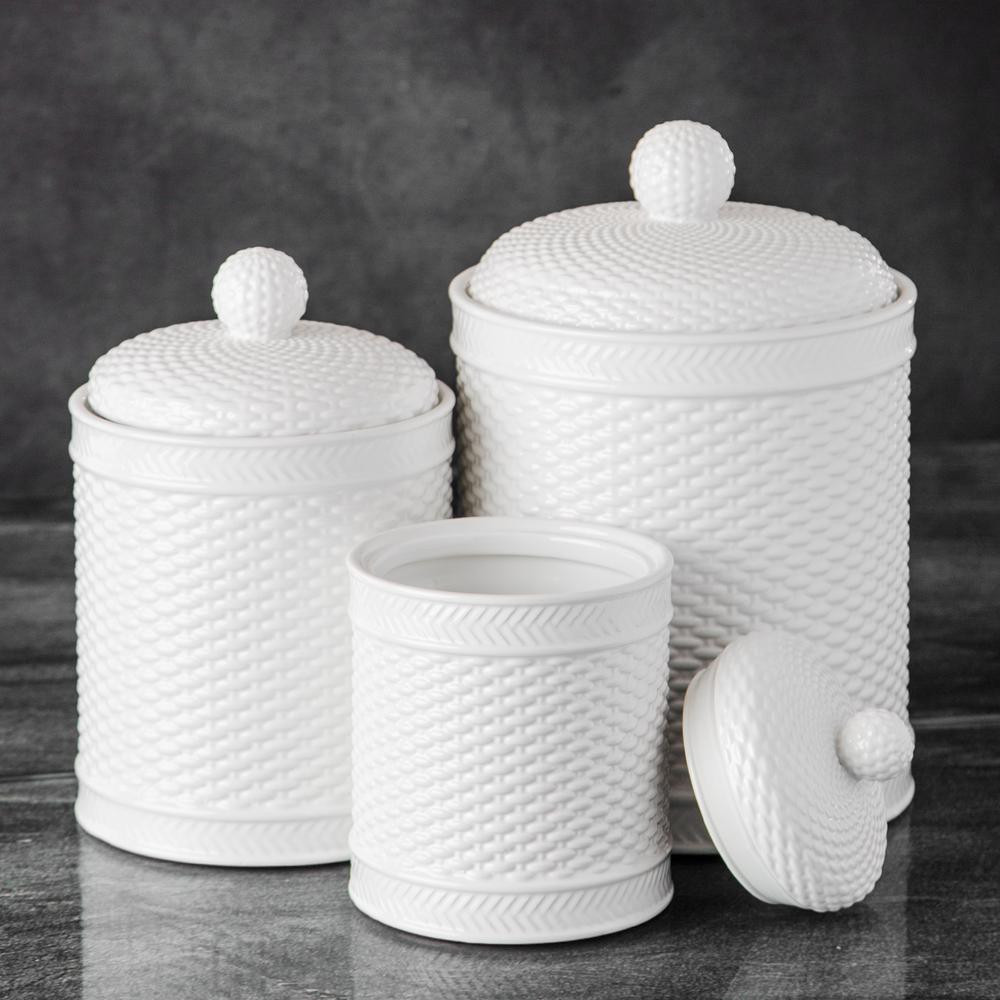 White Kitchen Canisters
 Basket Weave Canister Set Kitchen Counter Accessory Home