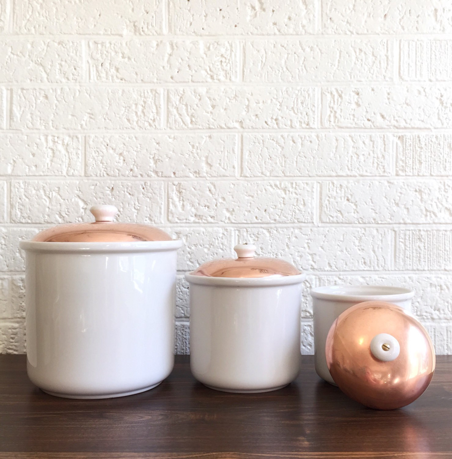 White Kitchen Canisters
 Vintage Copper and White Kitchen Canisters Ceramic Copper