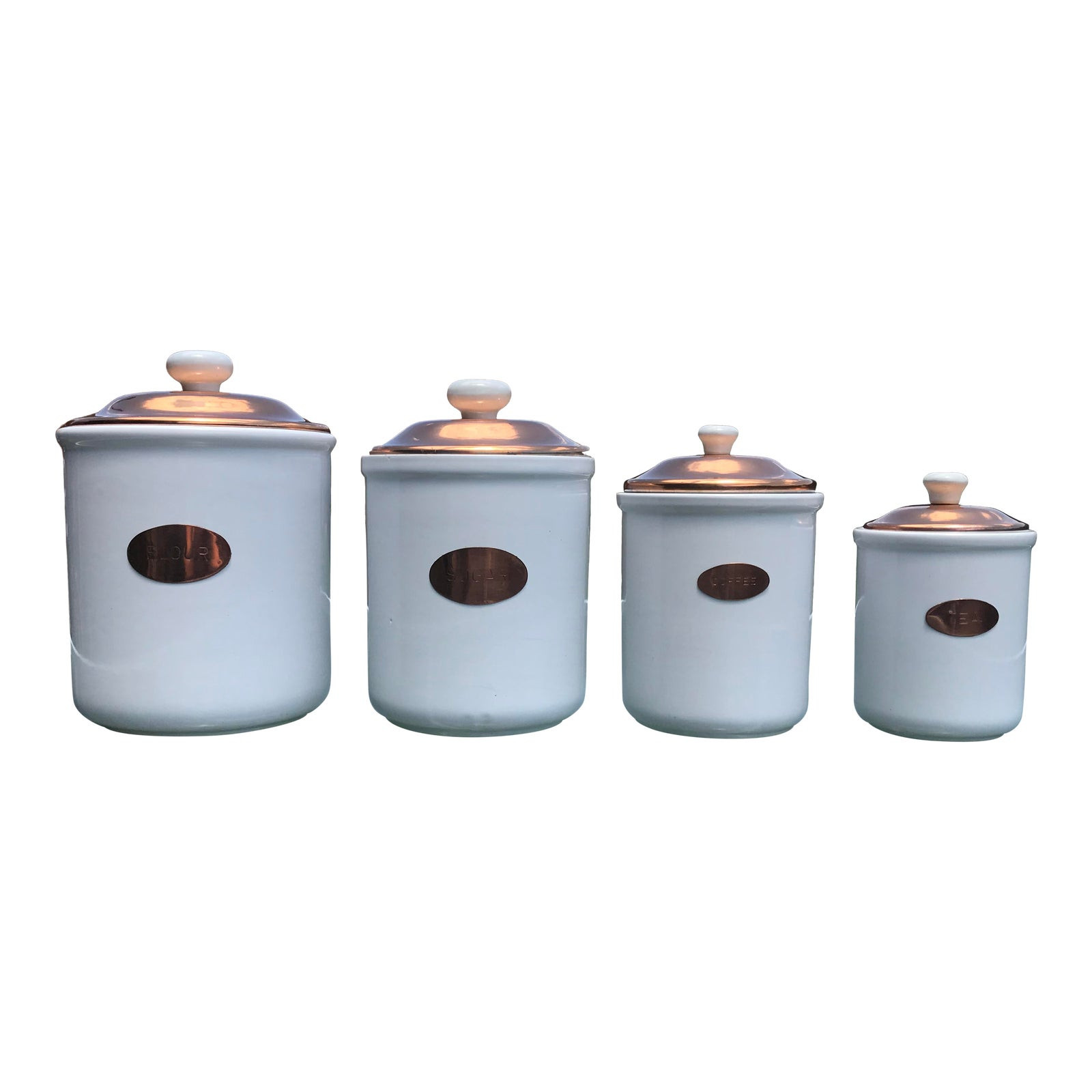 White Kitchen Canisters
 Vintage White Ceramic & Copper Kitchen Canisters With Lids