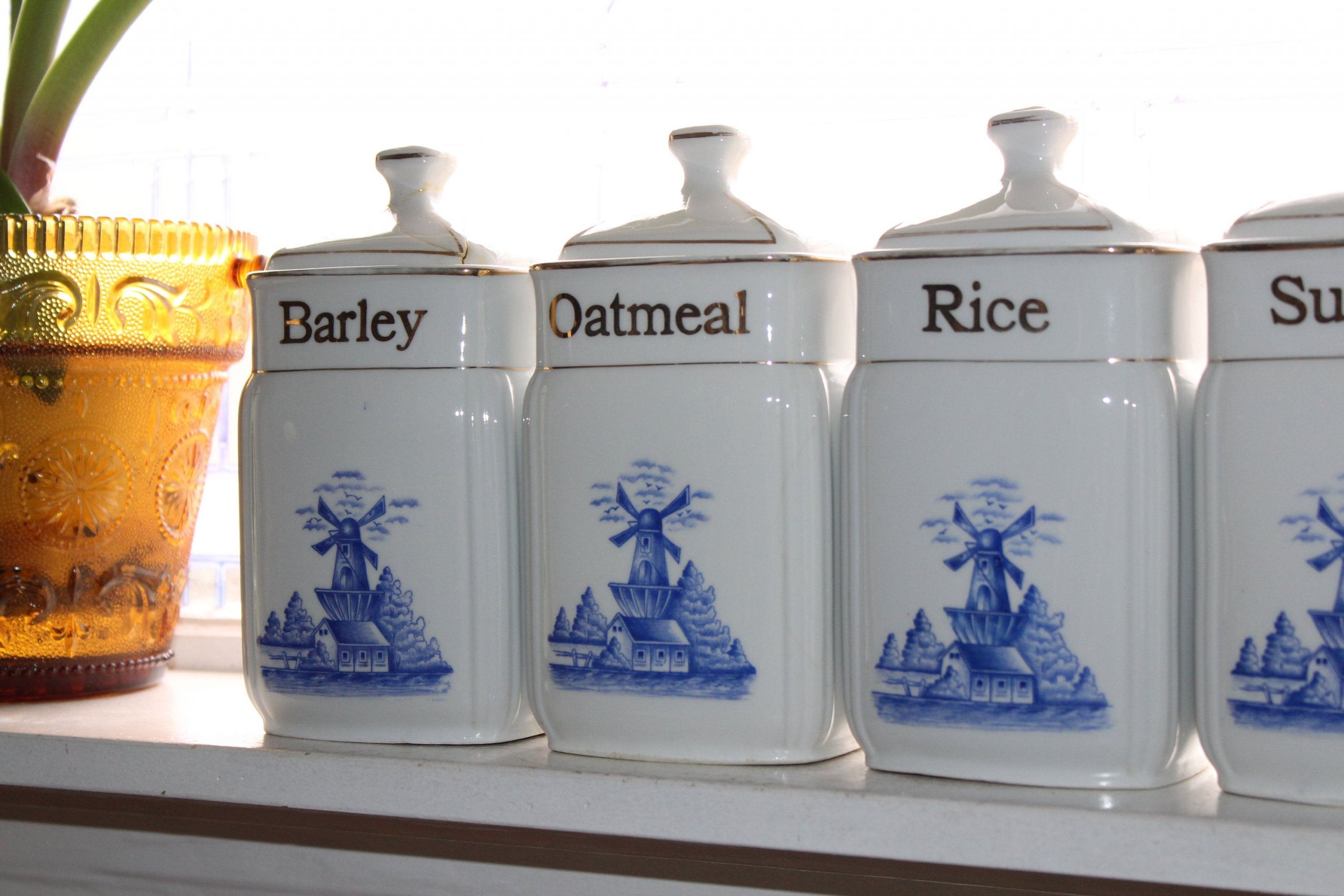 White Kitchen Canisters
 5 Blue and White Kitchen Canisters Windmill Pattern