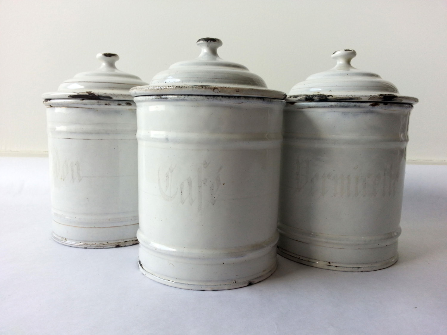 White Kitchen Canisters
 1930 s French Kitchen white CANISTERS SET of 3 French