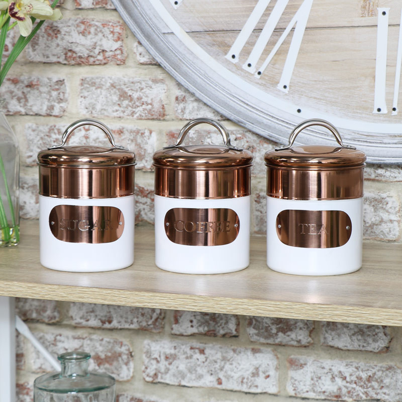 White Kitchen Canisters
 Copper & White Tea Coffee Sugar Canisters Melody Maison