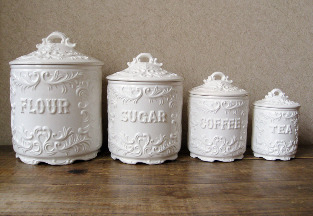 White Kitchen Canisters
 Vintage canister set Antique white with ornate details
