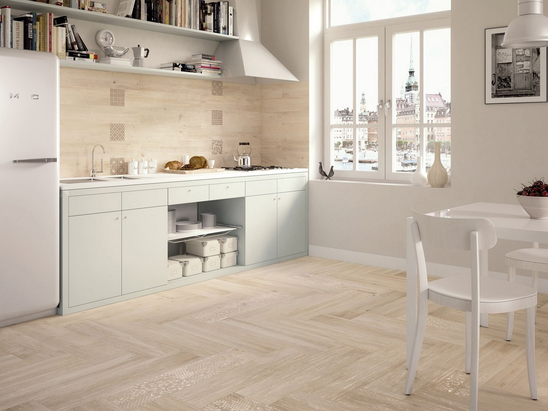 White Kitchen With Tile Floor
 Wood Look Tiles