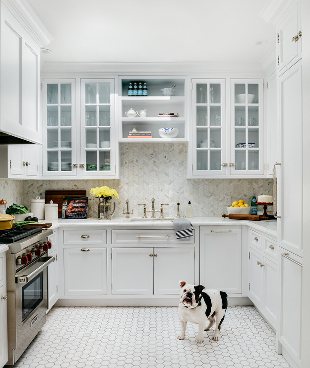 White Kitchen With Tile Floor
 U Shaped Kitchen with White Hexagon Floor Tiles