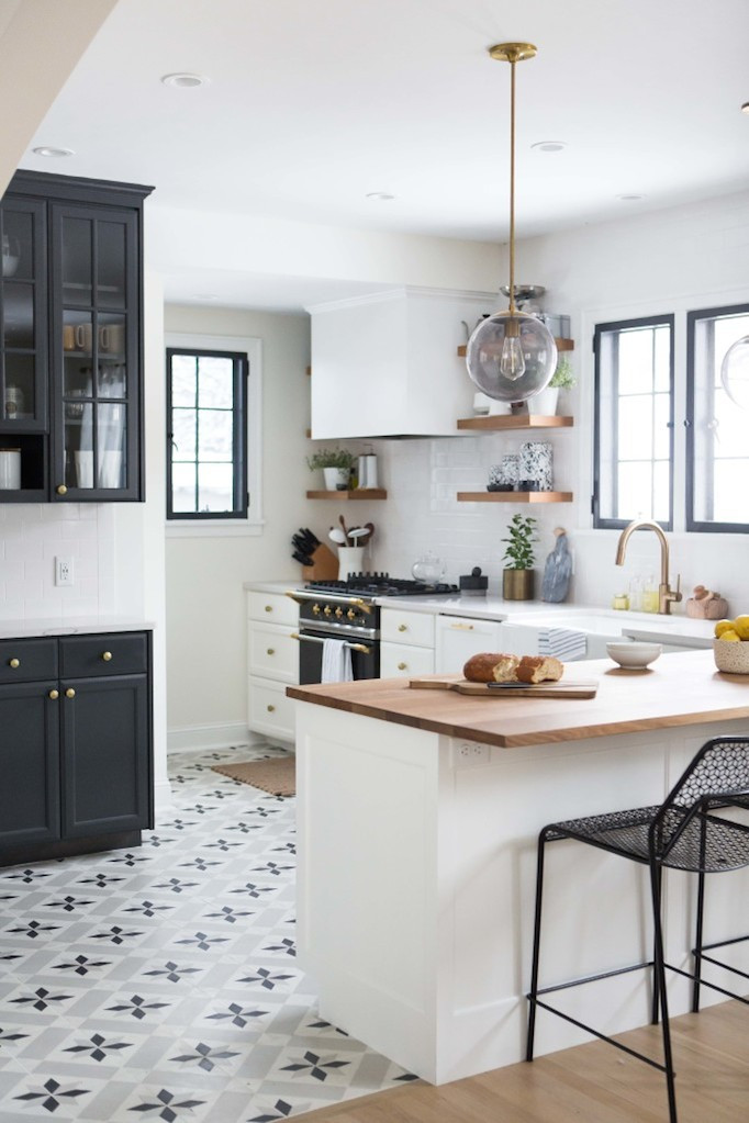 White Kitchen With Tile Floor
 Charming Black White and Brass Kitchen Renovation