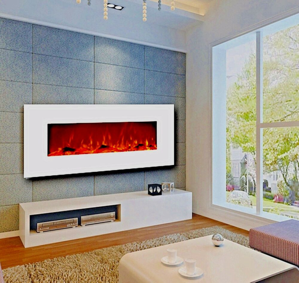 White Wall Mount Electric Fireplace
 50" Electric Fireplace Wall Mounted White w Heat 400 sq ft