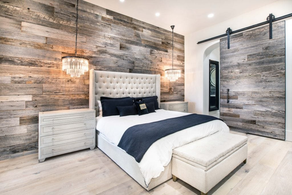 Wooden Accent Wall Bedroom
 PBW Tobacco Barn Grey Wood Wall Master Bedroom