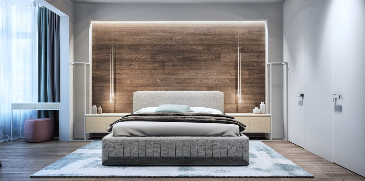 Wooden Accent Wall Bedroom
 2 Luxury Apartment Designs For Young Couples